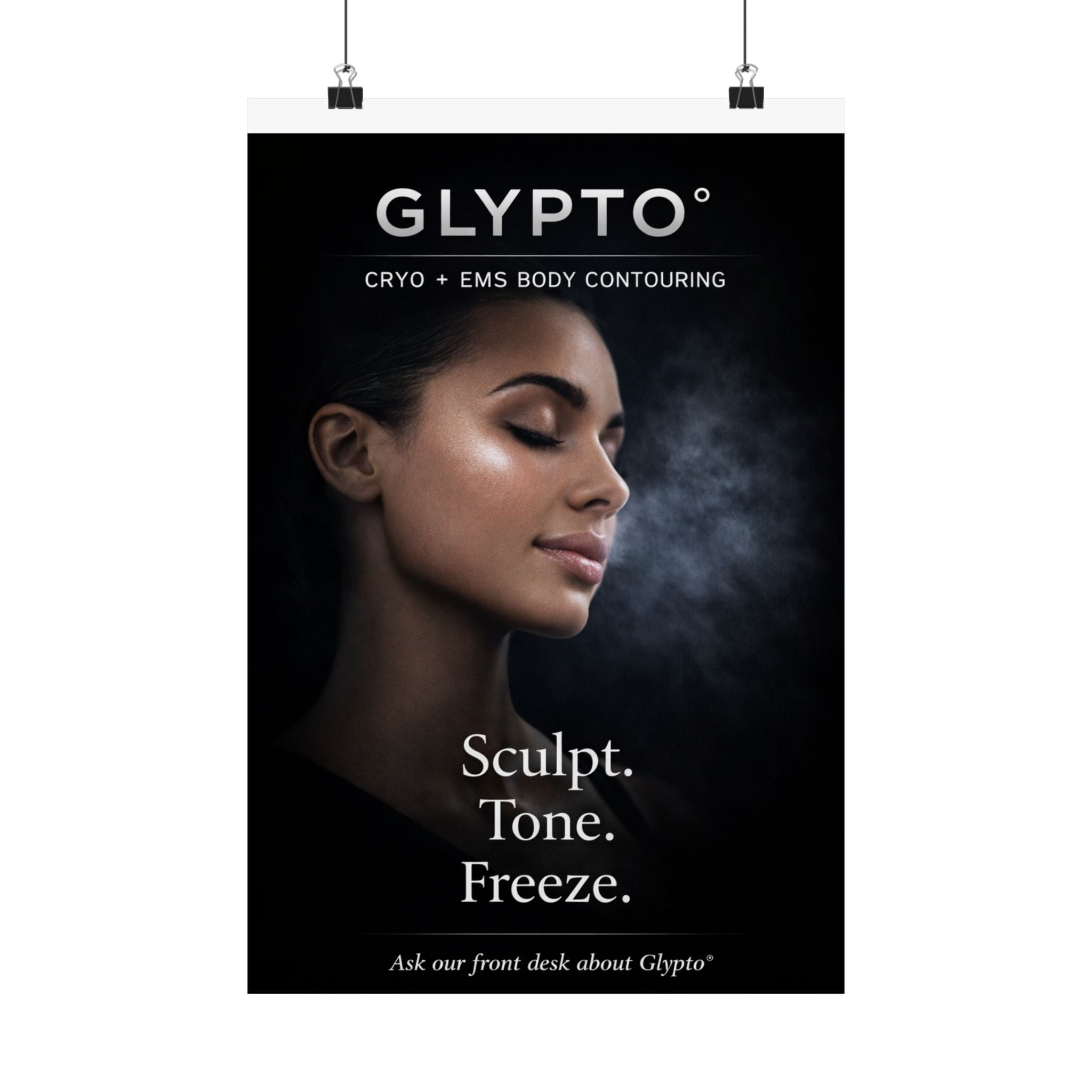 Glypto Matte Vertical Poster — Woman Face ‘Sculpt. Tone. Freeze.’